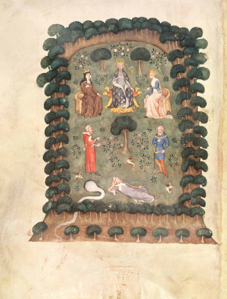 Roy 19 C IV f.298 Charles V entronizado no jardim com coroa e ceptro, do "Sonho do Guardião do Pomar". de French School