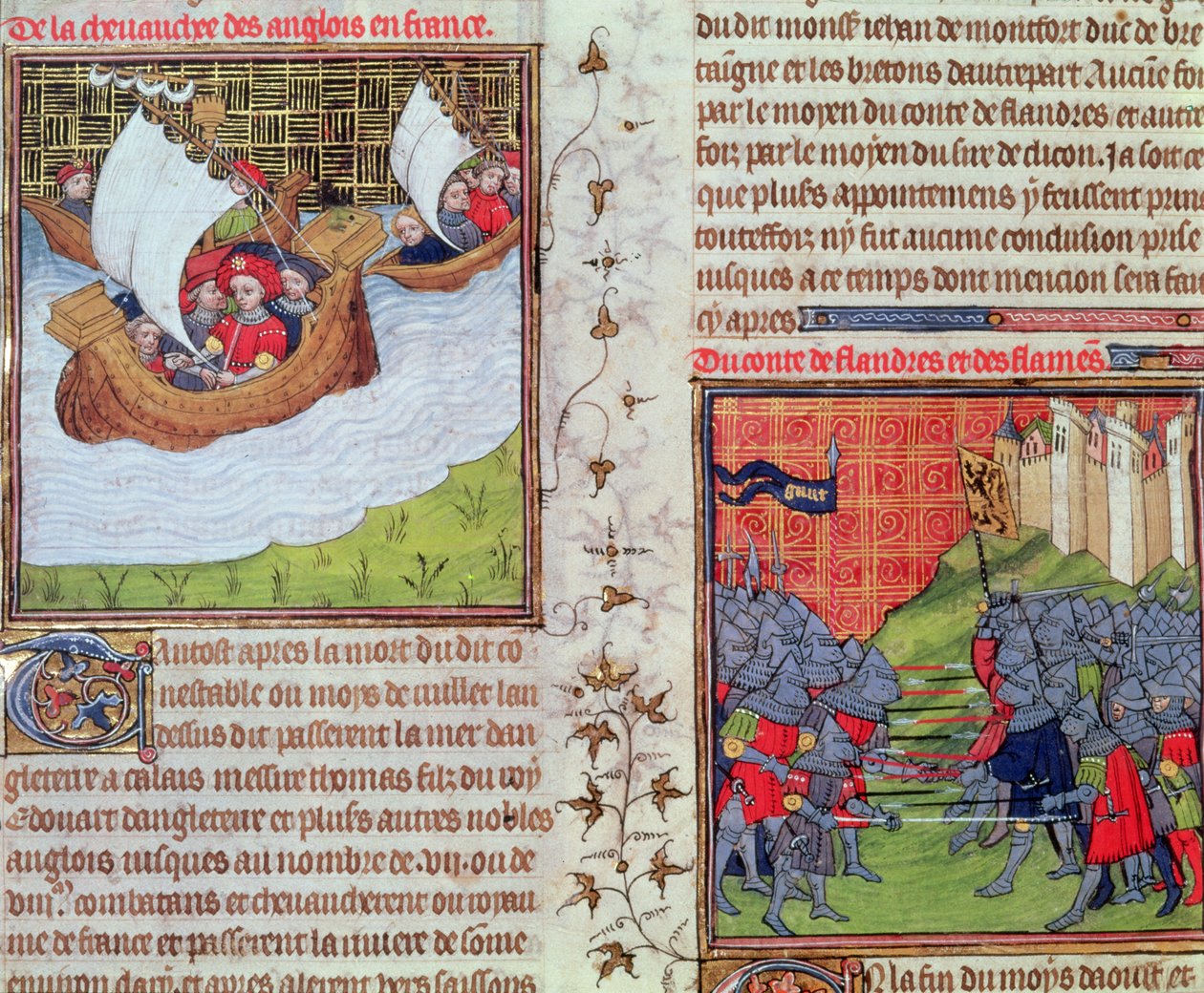 Roy 20 C VII f.219v Os ingleses no mar, e a batalha dos homens de Gante e do Conde de Flandres, finais do século XIV (vellum) de French School