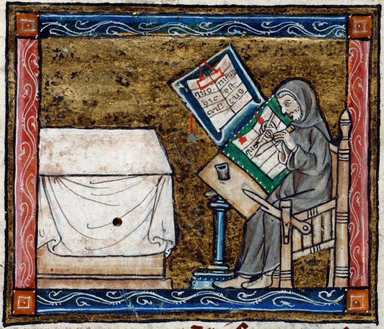 Real 14 E. III, f.6v Escriba copiando de uma cópia, ilustração de 