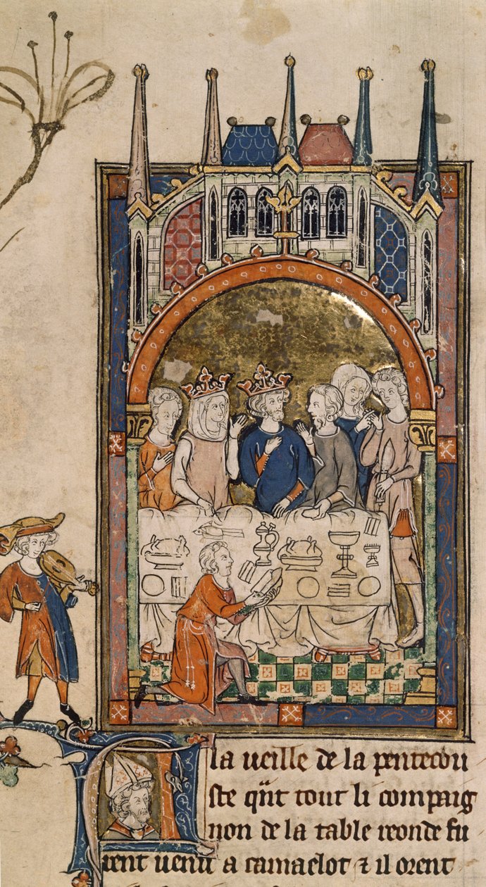 Real 14 E. III, f.89, Festa do Rei Arthur, Rei Arthur e Guinevere em banquete, com um servo ajoelhado em frente à mesa cortando pão, de 