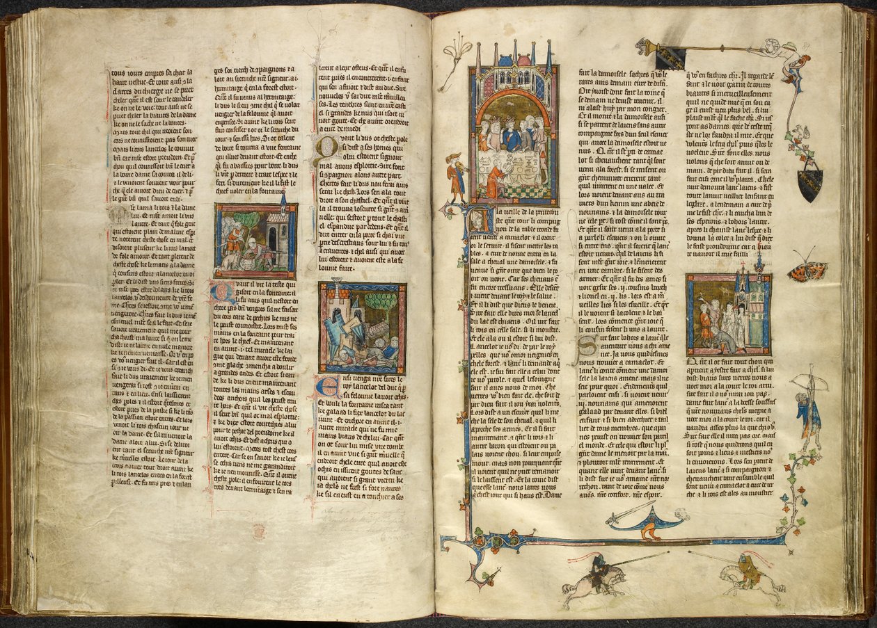 Royal 14 E. III, ff.88v-89 Lancelot retirando a cabeça do seu avô decapitado, o rei, de um poço a ferver; um edifício a ruir em dois cavaleiros. À direita, miniatura de Arthur e Guinevere sentados num banquete, da "Estoire del Saint Graal", de French School