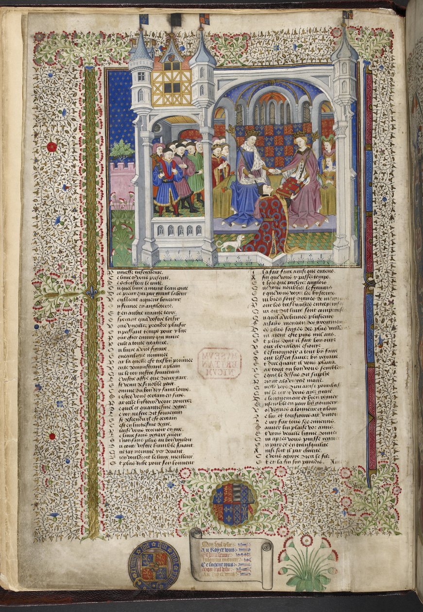 Royal 15 E. VI, f.2v Margaret de Anjou, sentada com o seu marido Rei Henrique VI, ilustração de "Shrewsbury Talbot Book of Romances", c.1445 (tinta, cor e ouro sobre velo) de French School