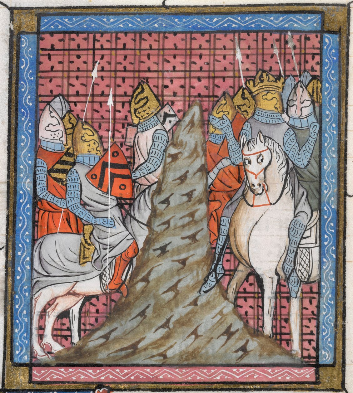 Royal 16 G. VI, f.317v Detalhe de uma miniatura da divisão de um exército cruzado ao atravessar uma montanha, ilustração de 