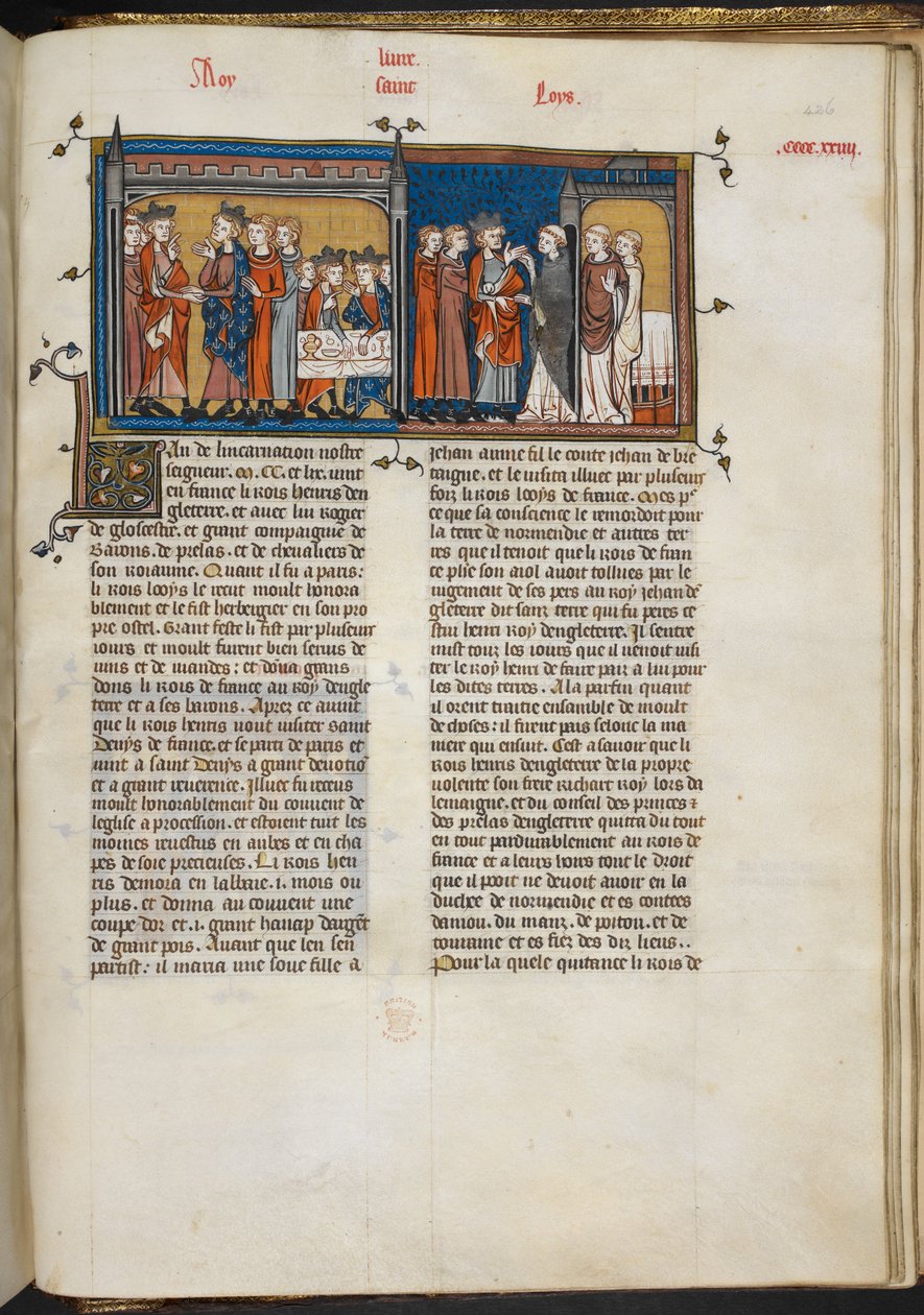 Royal 16 G VI f.426r Miniatura de Henrique III visitando Luís IX e Henrique III em St Denis, página de 