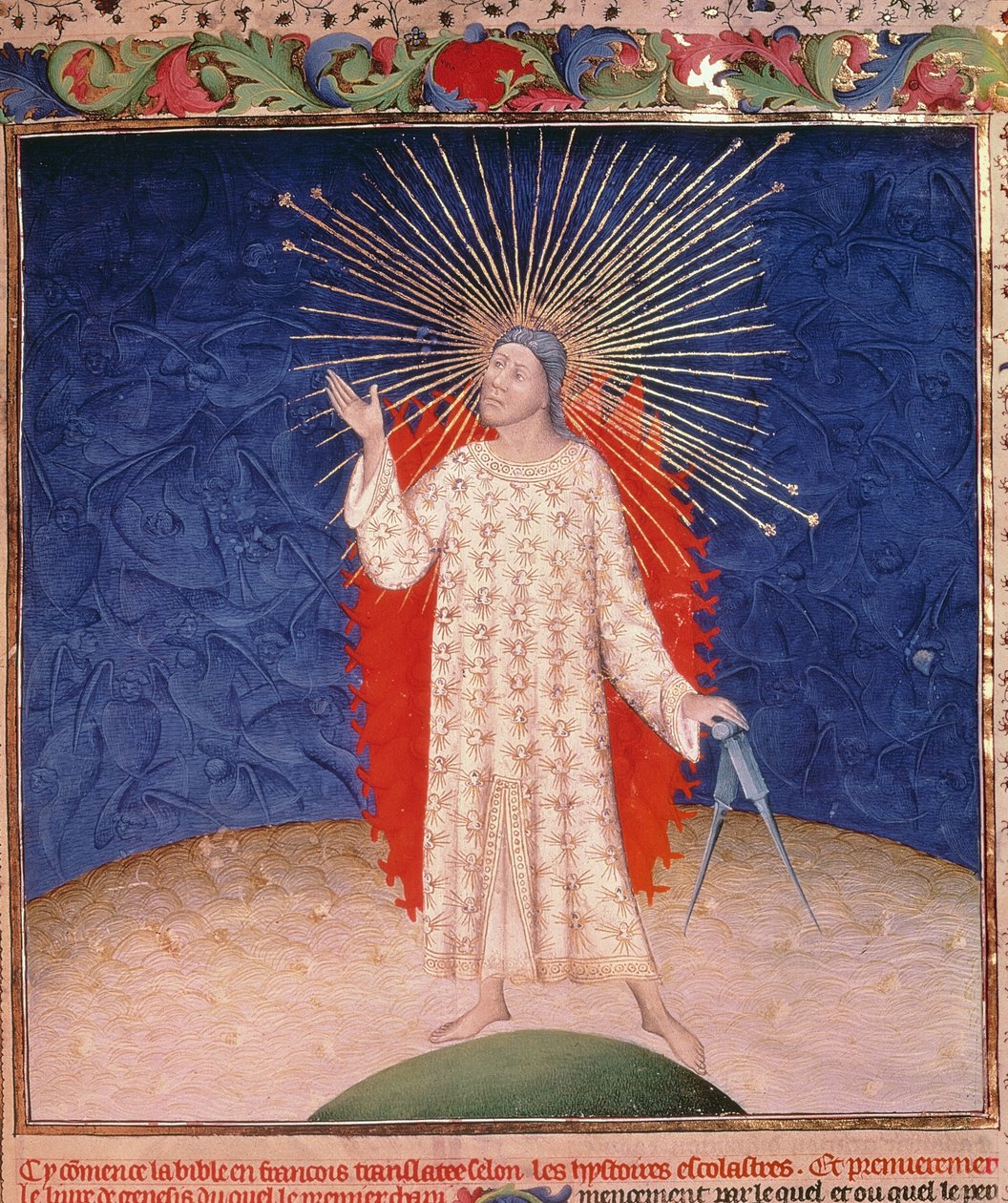 Royal 19 D III, f.3: Deus cercado pelo fogo com um par de bússolas, da Bíblia Historiale de Guyart des Moulins, c.1411 (vellum) de French School