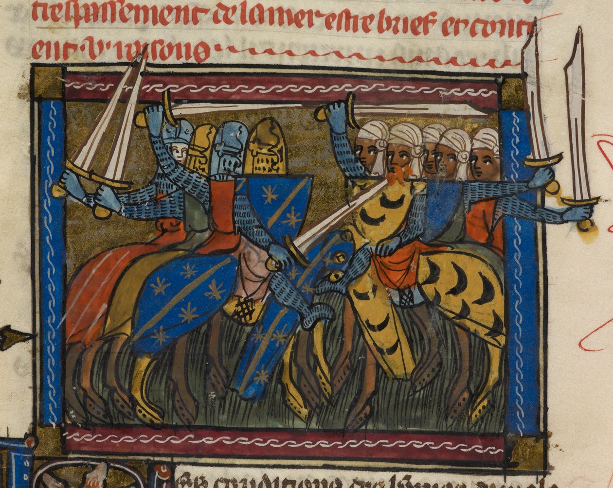 Royal 19 D. I f.189v exércitos cristãos e sarracenos em batalha, ilustração de 