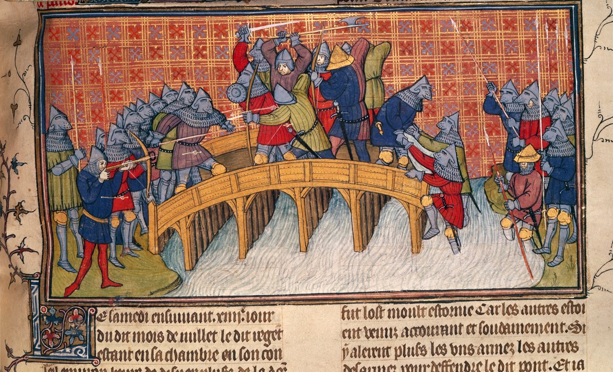 Royal 20 C. VII, fol.137 Batalha em Bridge over Seine durante a Guerra dos Cem Anos, de 