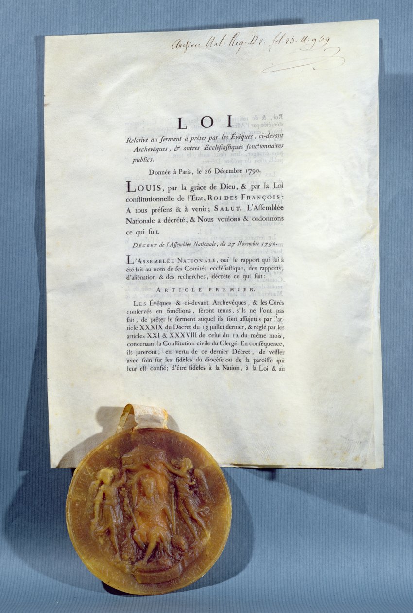 Decreto Real de Luís XVI, afirmando a obrigação dos bispos e sacerdotes franceses de fazer um juramento de fidelidade à Constituição Civil do Clero, em 16 de dezembro de 1790 (impresso e selo de cera) de French School