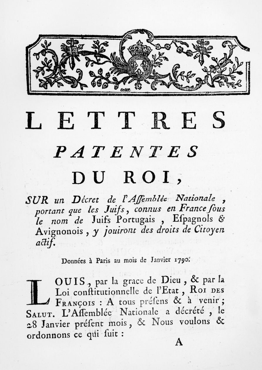 Patente de cartas reais concedendo direitos iguais para os judeus portugueses, espanhóis e avignonenses na França, Paris, 28 de janeiro de 1790 (ver também 695057) de French School
