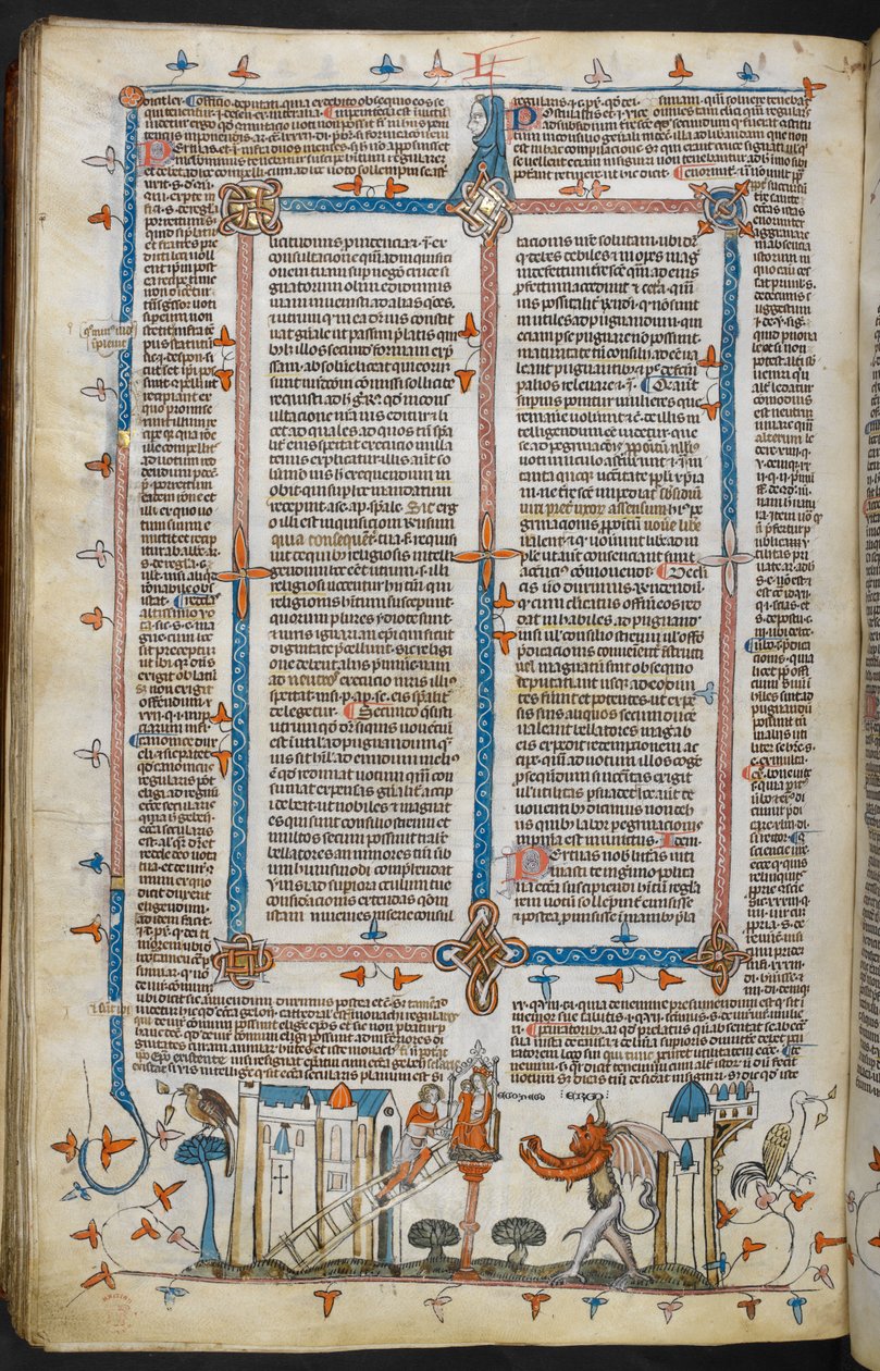 Royal MS 10 E IV, f.209v, The Painter and the Devil, de Decretals of Gregory IX com brilho de Bernard de Parma (os 