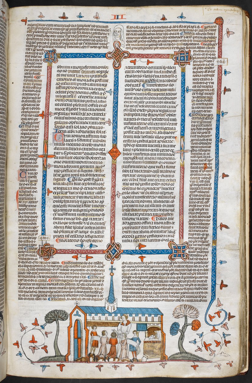Royal MS 10 E IV f.211r, uma cena em baixo-de-página de comungantes em uma missa, c.1300-40 (caneta e tinta e têmpera em pergaminho) de French School