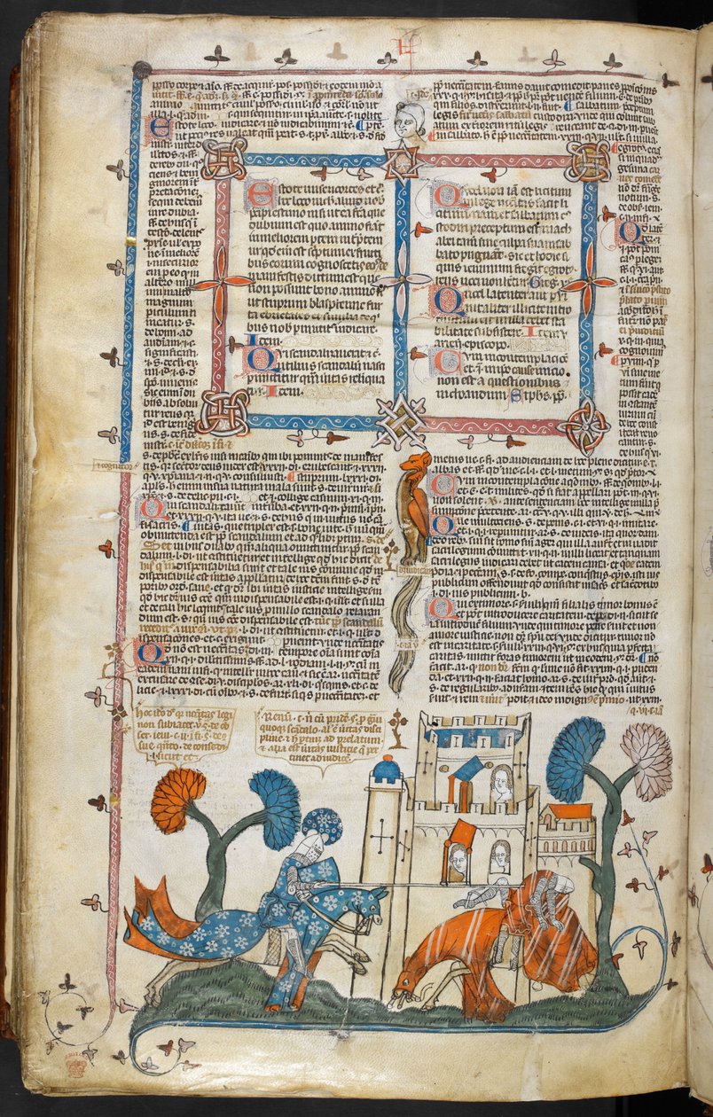 Royal MS 10 E IV f.313v, uma cena de bas-de-página de um cavaleiro a desatar outro antes de um castelo, c.1300-40 (caneta & tinta e têmpera em pergaminho) de French School
