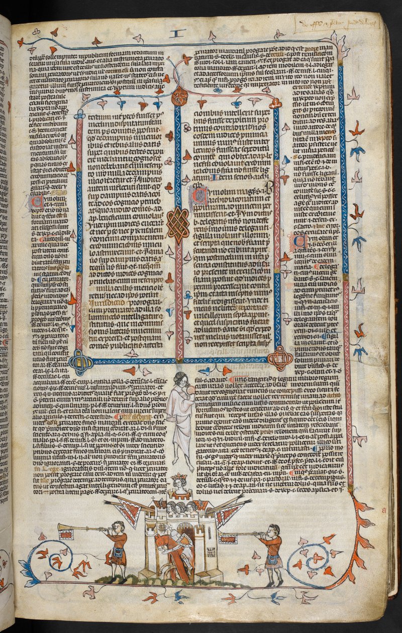 Royal MS 10 E IV f.66r, cena bas-de-página de um cavaleiro montado a sair de um castelo, c.1300-40 (caneta & tinta e tempera sobre pergaminho) de French School
