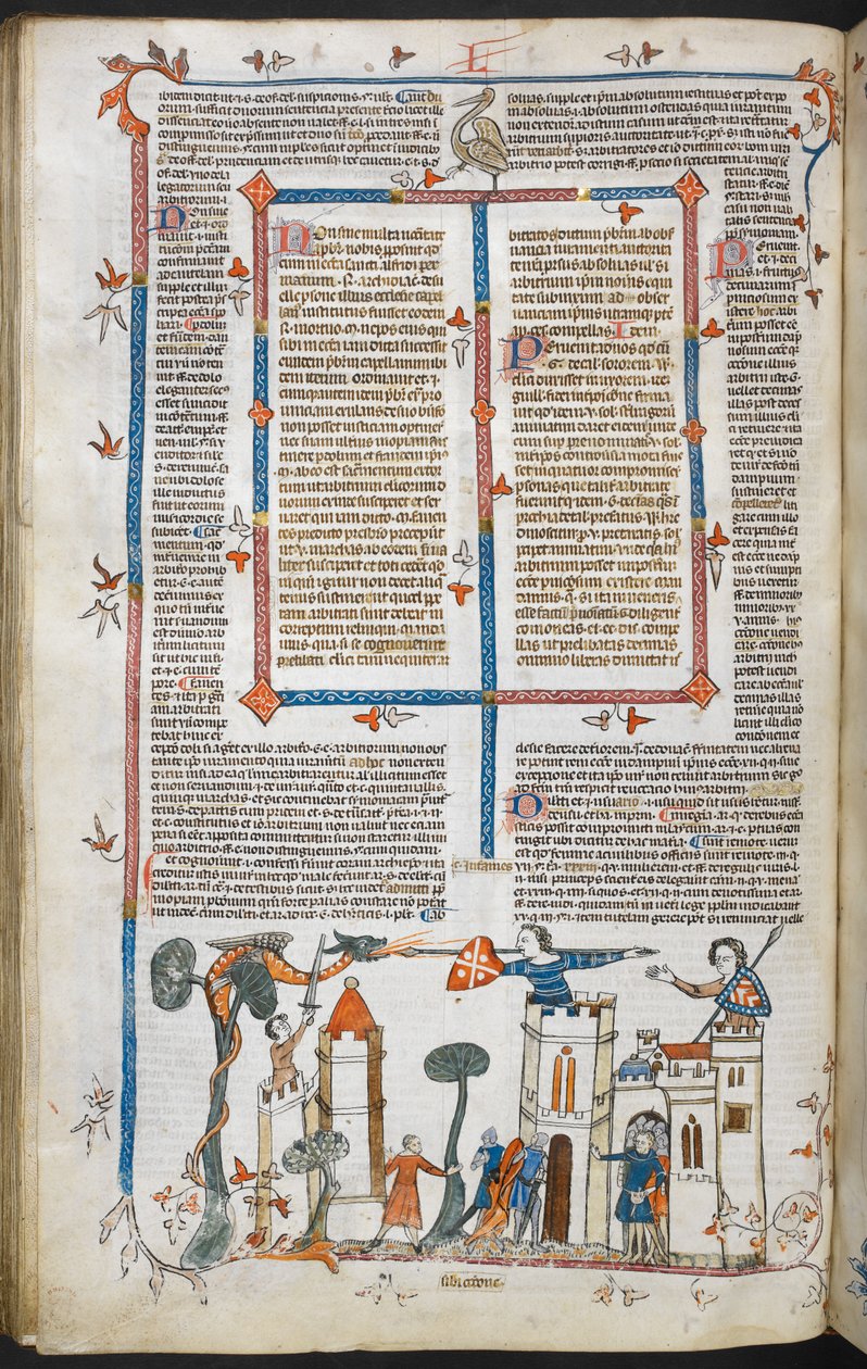 Royal MS 10 E IV f.88v, uma cena em baixo-de-página de um dragão atacando um castelo, c.1300-40 (caneta e tinta e têmpera em pergaminho) de French School