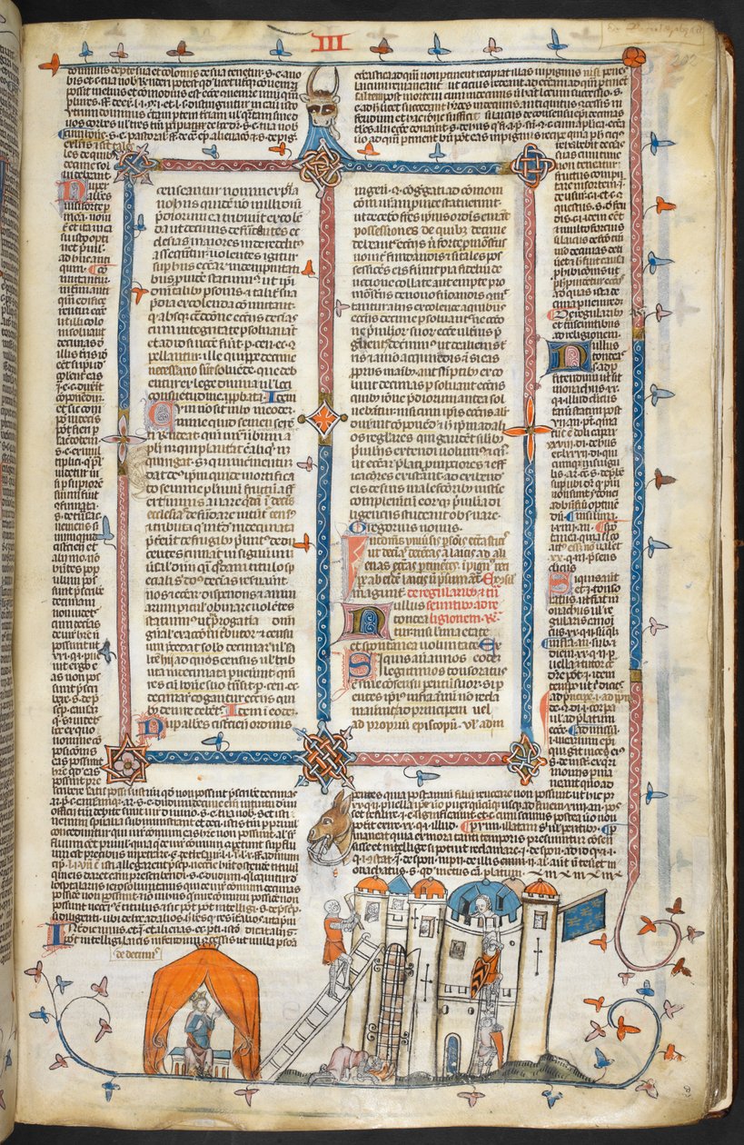 Royal MS 10 iv f.202r Atacando um Castelo Fortificado e Decoração Marginal, ilustração de 