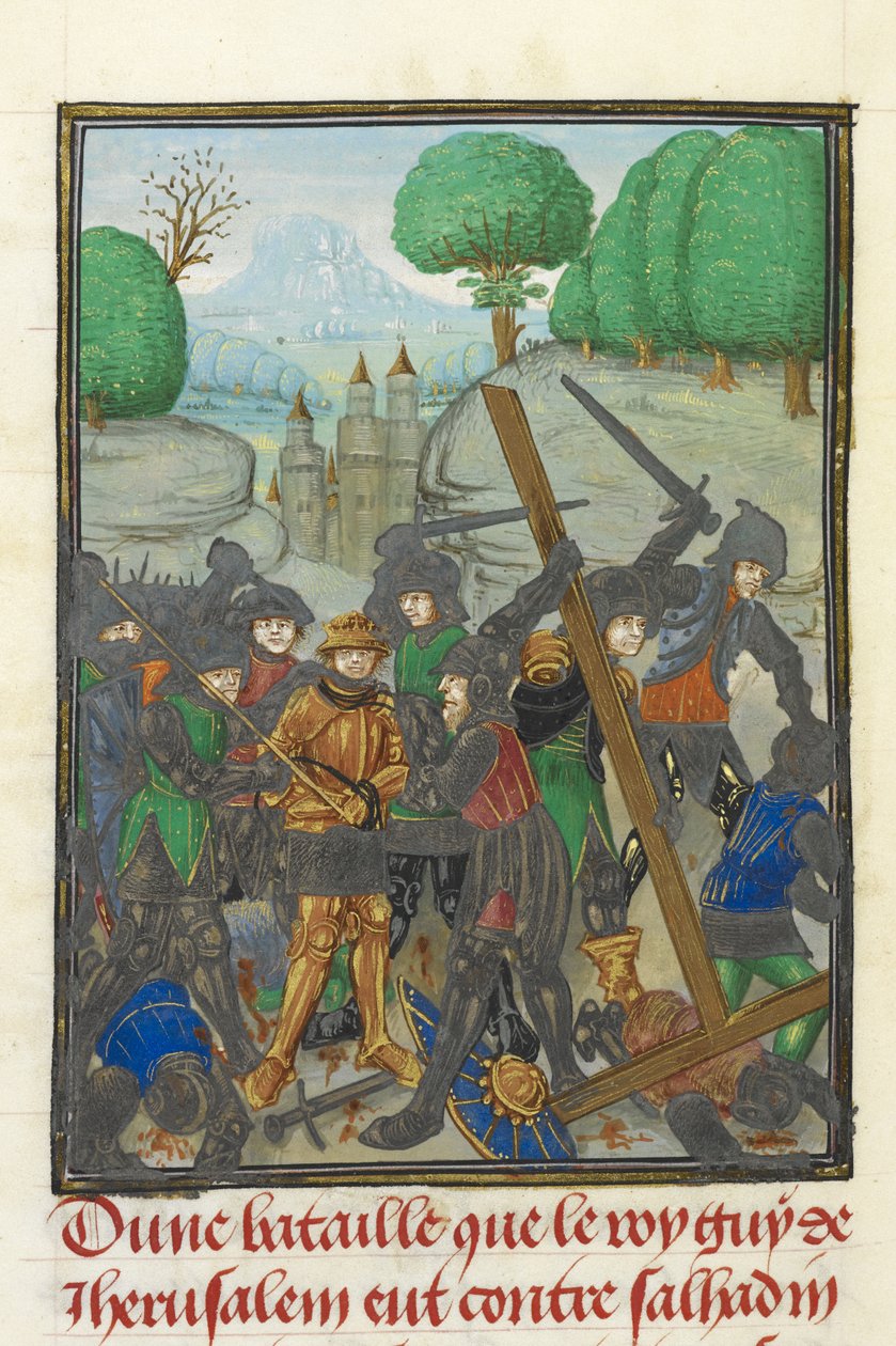 Royal MS 15 E I, f. 433v, The defeat of Guy of Lusignan by Saladin and the loss of the Cross, from 