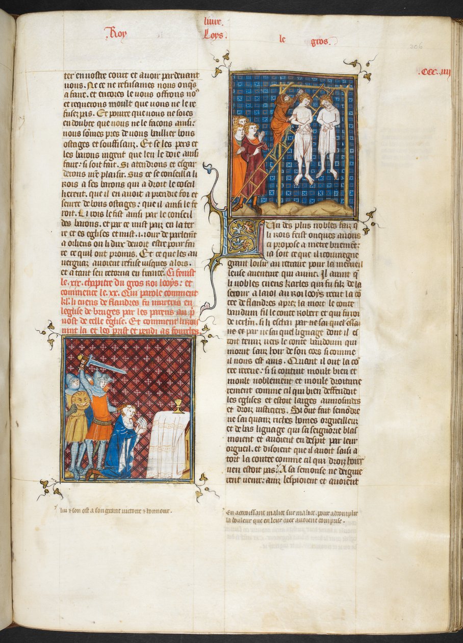 Royal MS 16 G. VI, f.306r, Assassinato de Carlos, conde de Flandres enforcado (Louis VI, livro 20), de Les Grandes Chroniques de France de French School