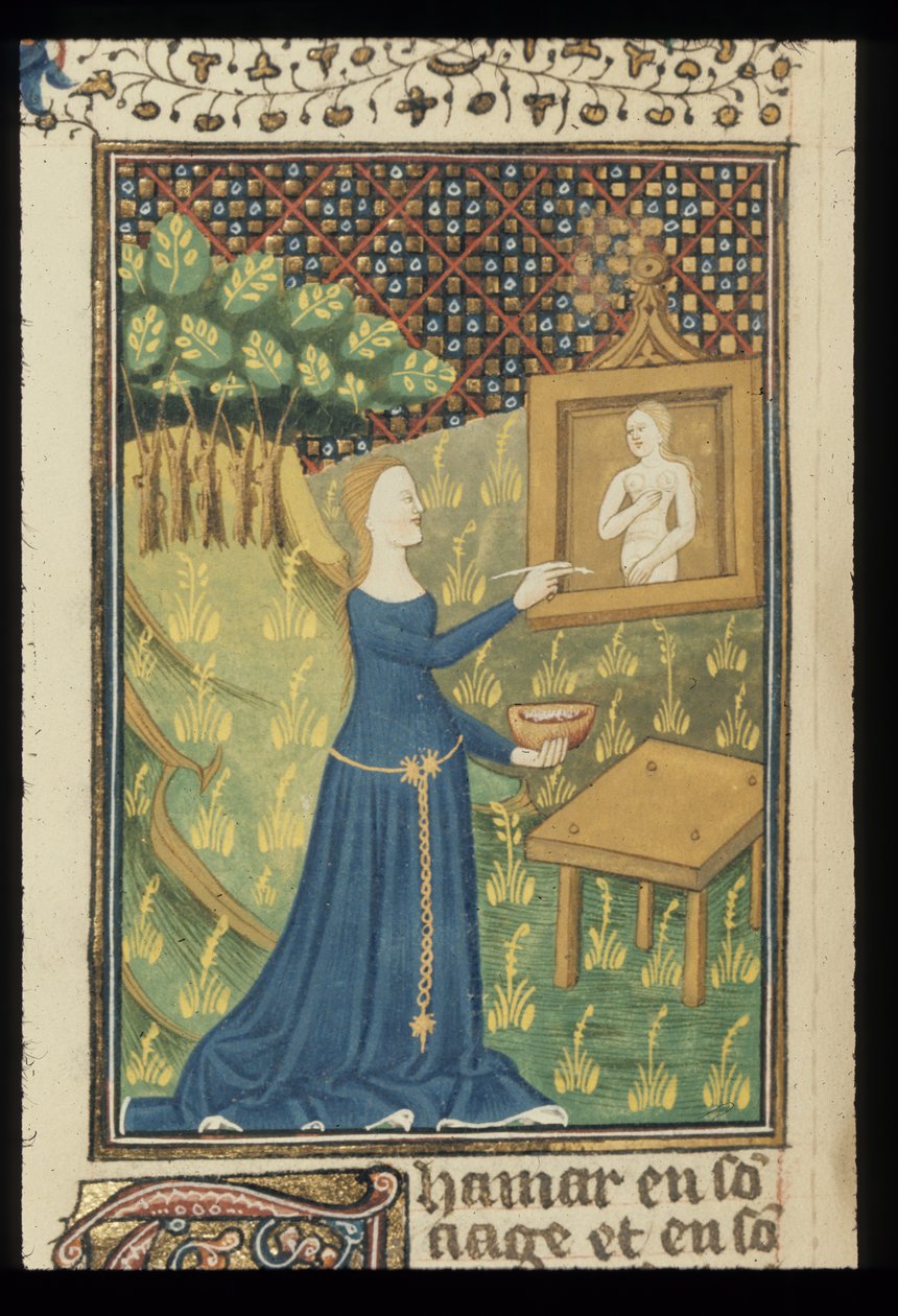 Royal MS 16 G V f.068v Página de De claris mulieribus numa tradução francesa anónima (Le livre de femmes nobles et renomées) de Giovanni Boccaccio, c.1440 (cor & ouro sobre velo) de French School