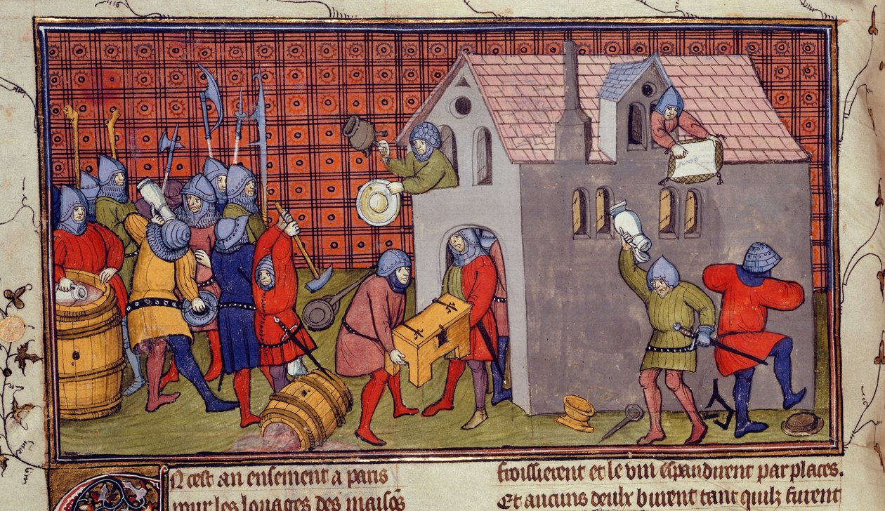 Royal MS 20 CVII f.41v, Saque de uma casa (vellum) de French School