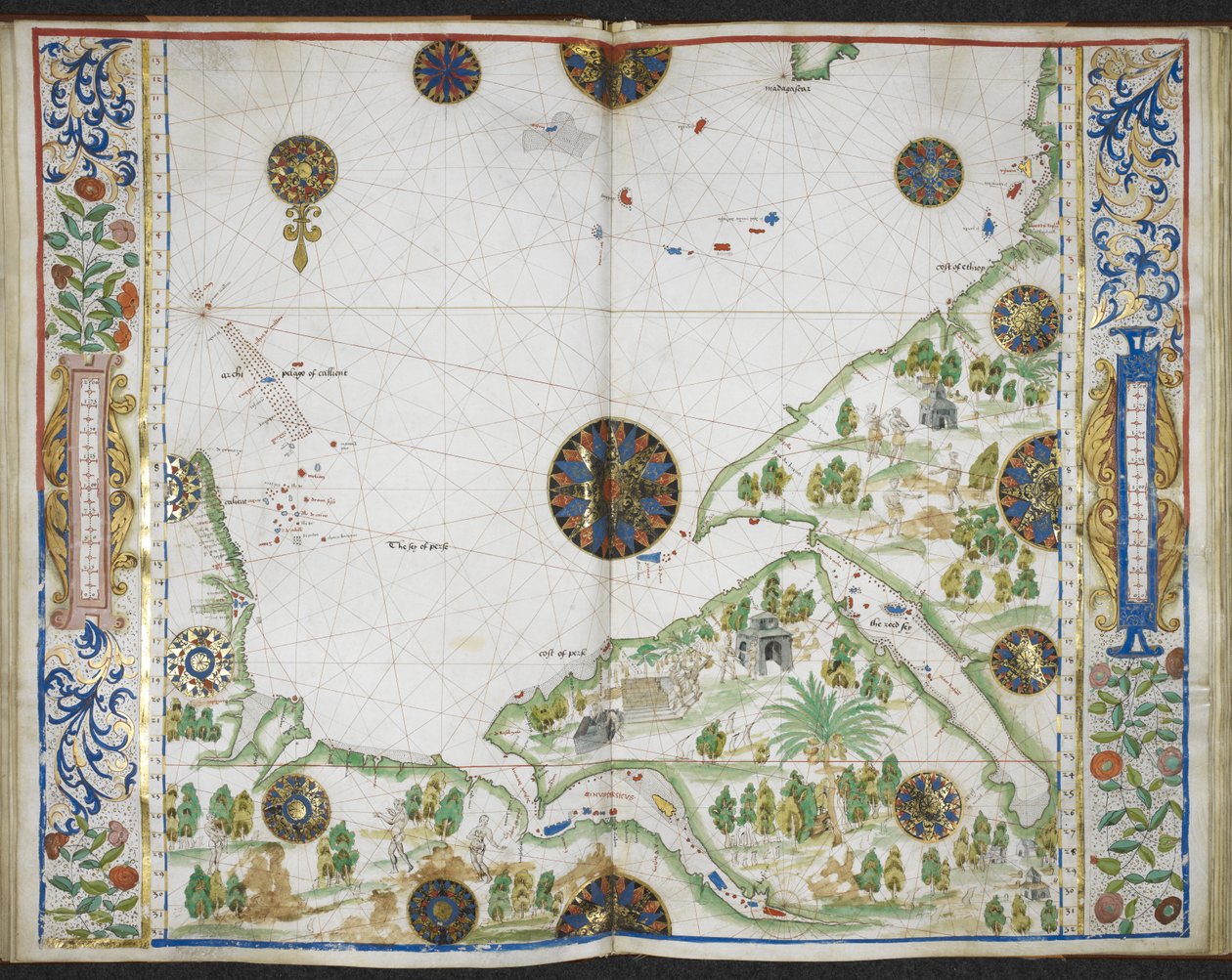 Royal MS 20 E IX f.11v a f.12r Carta das costas da Ásia e África do Cabo Comorin ao Cabo Delgado, incluindo o Golfo Pérsico e o Mar Vermelho, do 