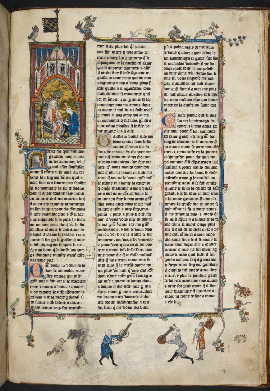Royal Ms 14 e III f.140r Henry II de Inglaterra com escriba, ilustração de "Estoire del Saint Graal, La Queste del Saint Graal, Morte Artu", c.1315-25 (vellum) de French School