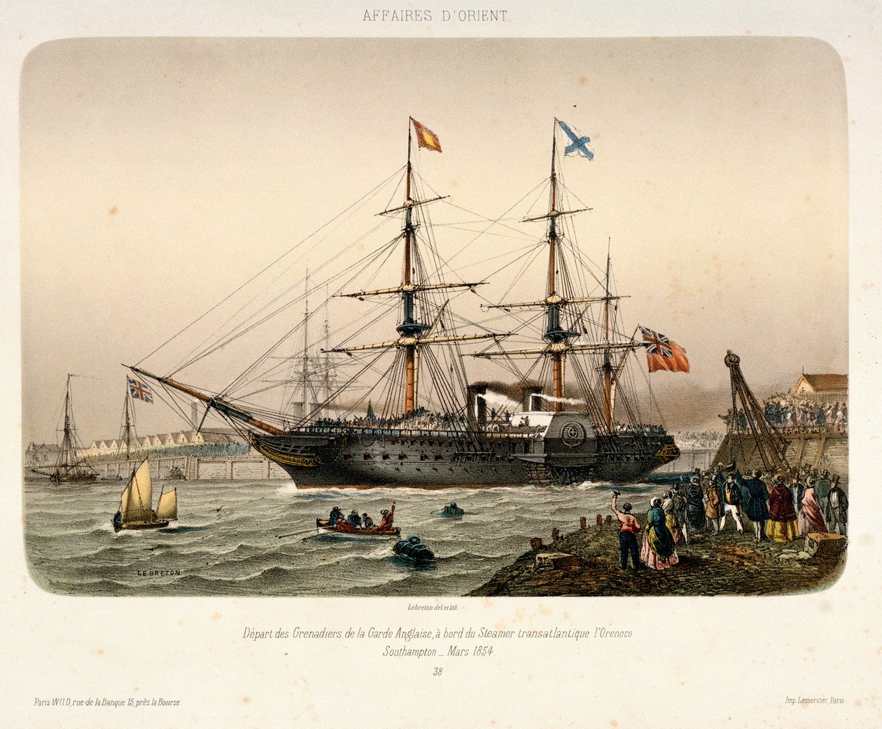 O navio a vapor "Orinoco", da Royal West Indian Mail, a sair de Southampton, c.1854 (litografia) de French School