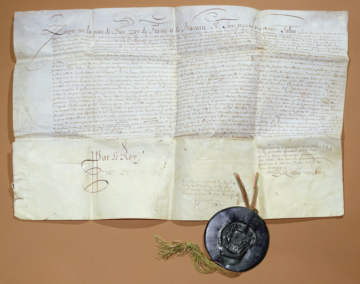 Decreto real para a criação da Academia Francesa, 1635 (tinta em velino) de French School