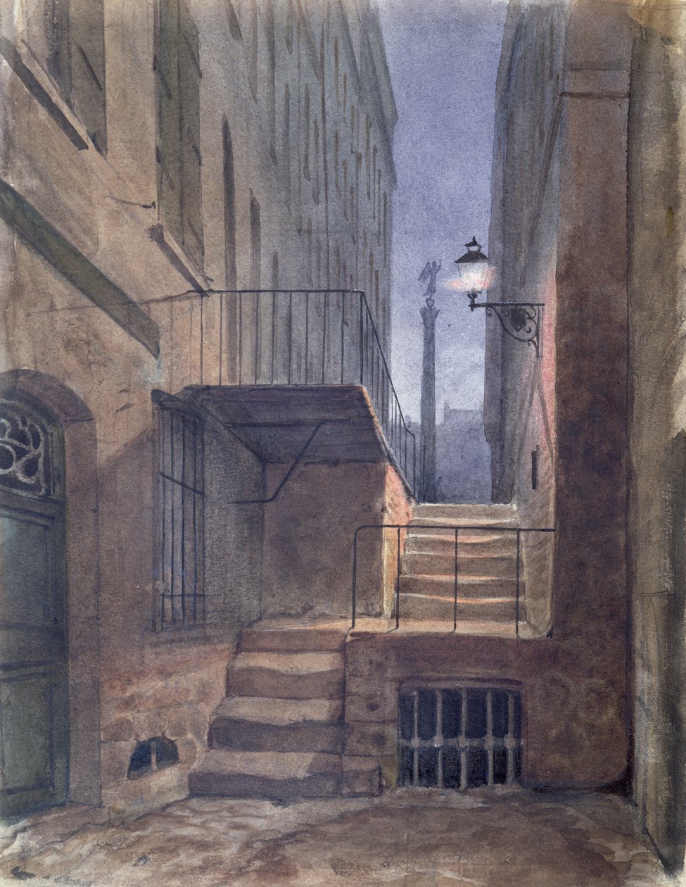 Rue de la Vieille Lantern, onde Gerard de Nerval (1808-1855) se enforcou, 25 de janeiro de 1855 (wc no papel) de French School