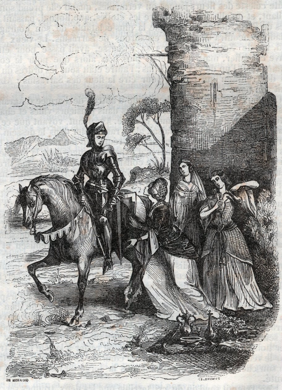 Ruggiero e três ninfas da corte de Alcina - gravura de 1851 do poema Orlando furioso de French School