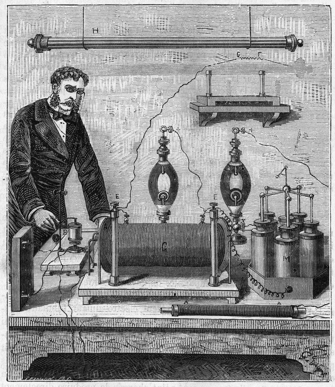 Ruhmkorff indutor - A bobina de indução de Ruhmkorff (Heinrich Daniel Ruhmkorff) - Gravura em "Ciências disponibilizadas a todos - física e química" por Alexis Clerc - Final do século XIX - Colecção privada de French School