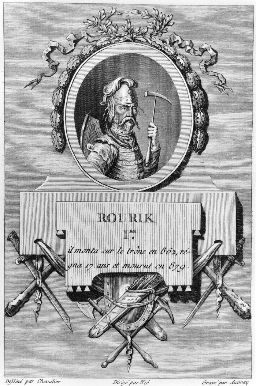 Rurik (d.887), primeiro czar da Rússia, ilustração da história física, moral, civil e política da Rússia antiga por Nicolas Gabriel Clerc, Paris, 1783-85 de French School