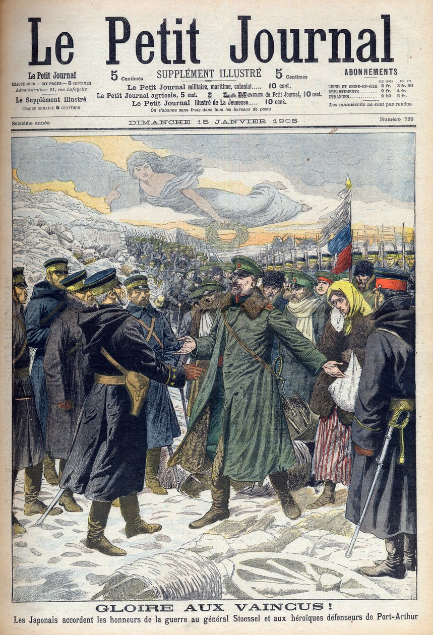 Guerra russo-japonesa de 1904-1905: Japoneses permitem a rendição honrosa do General Stoessel e dos defensores russos de Port Arthur. De Le petit Journal, Paris de French School