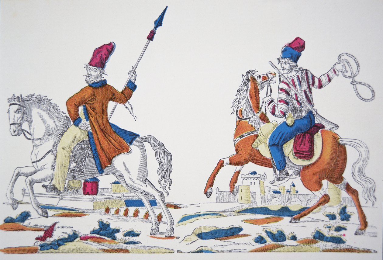 Cossacos russos na época da Invasão de Napoleão de 1812 (cor litho) de French School