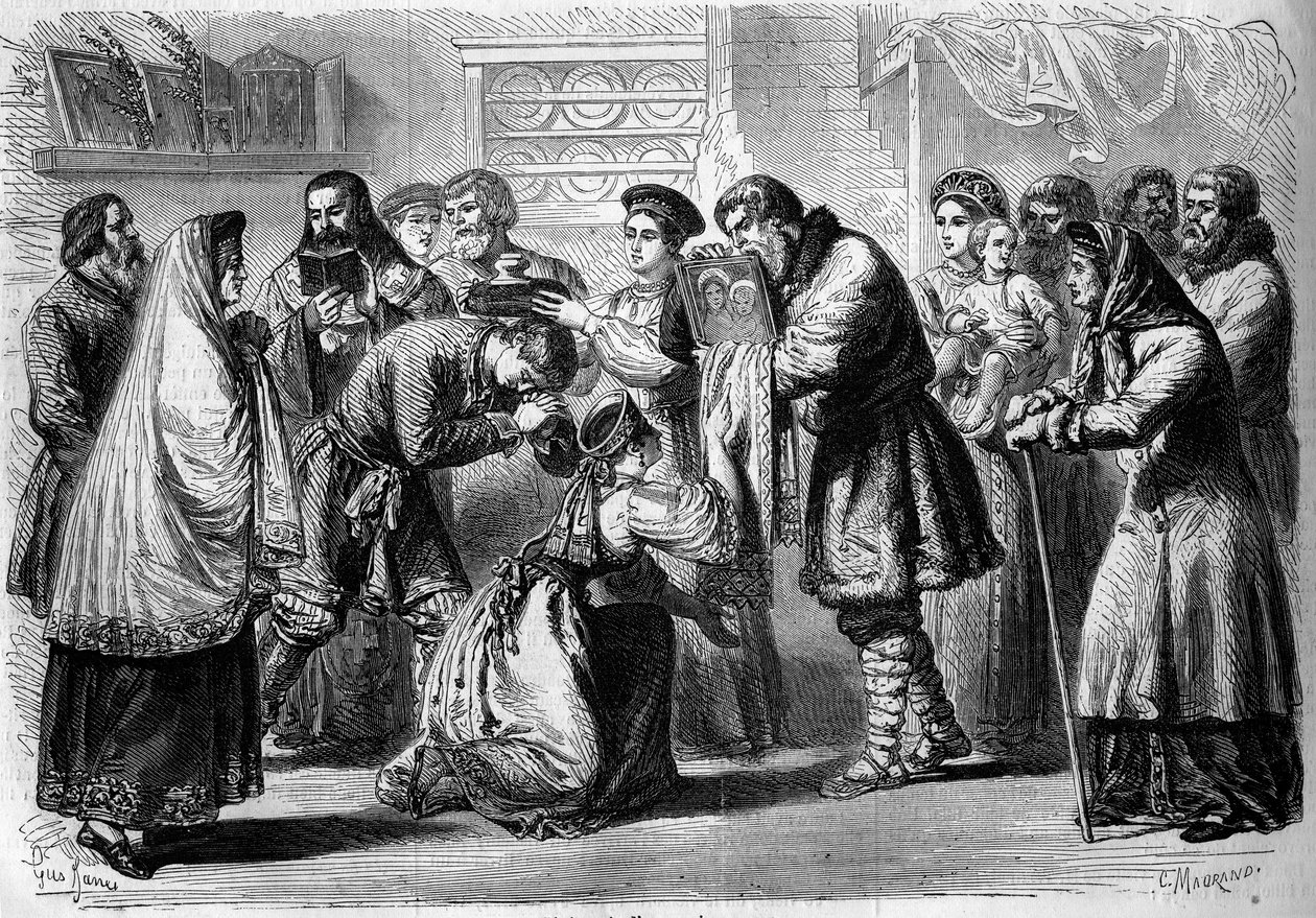 Costume russo - Casamento - 1860: cerimónia de pré-casamento. Padrinho e madrinha abençoam futuros casamentos. O padrinho apresenta-lhes a imagem de Cristo ou da Virgem, símbolo da consagração religiosa. A madrinha segura o pão e o sal acima da cabeça de de French School