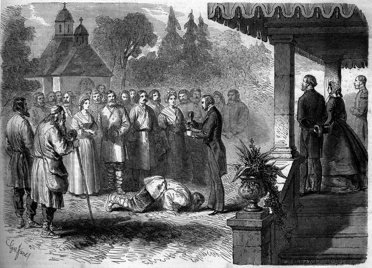 Costume russo: cerimónia de emancipação de um servo. Como sinal de submissão, o servo libertado beija os pés do seu senhor, que se derramou num copo de aguardente de batata. Gravura em "Le Monde Illustré" n°206 de 23 de Março de 1861. de French School