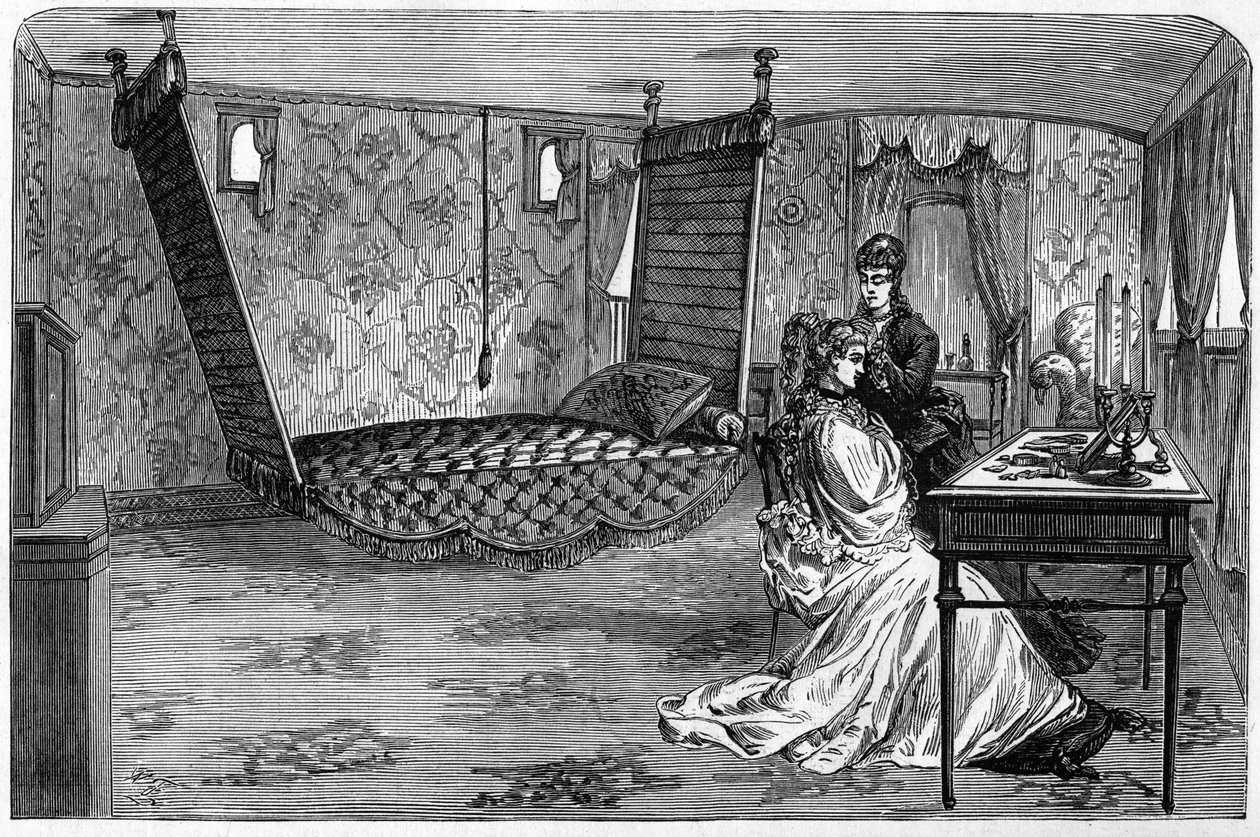 Comboio imperial russo usado pelo Duque e Duquesa de Edimburgo em 1874: o vagão de quarto. Gravura em "Le Monde Illustré" n°886 de 6 de Abril de 1874. de French School