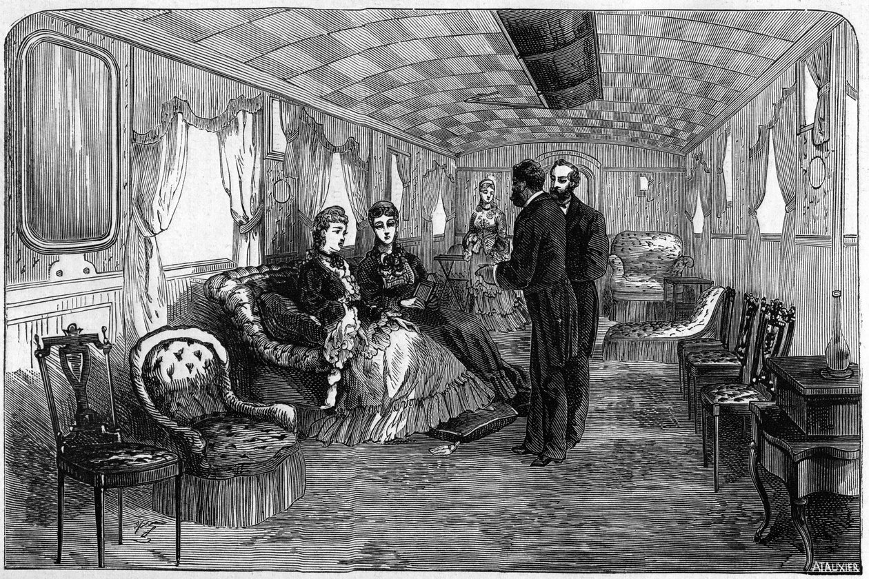 Comboio imperial russo usado pelo Duque e Duquesa de Edimburgo em 1874: o vagão do saloon. Gravura em "Le Monde Illustré" n°886 de 6 de Abril de 1874. de French School