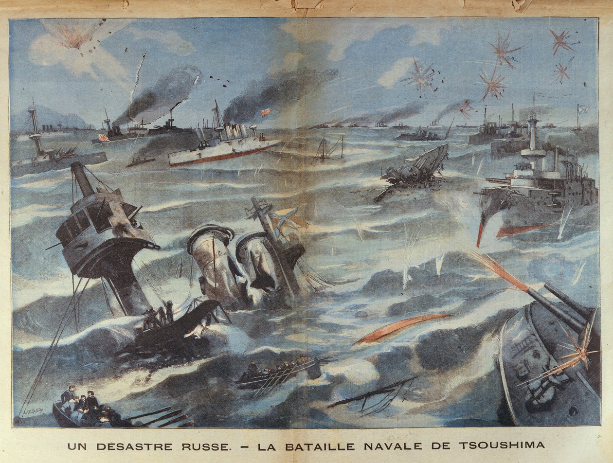 Desastre naval russo durante a batalha de Tsushima em 1905, ilustração do Le Petit Parisien, 2 de julho de 1906 de French School