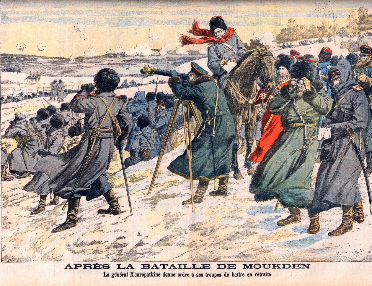 Guerra Russo-Japonesa - Após a Batalha de Mukden O comandante russo, General Kuropatkin, ordenando a retirada do seu exército. Guerra Russo-Japonesa (1904-1905) - Após a Batalha de Mukden. O General Kuropatkin ordena a retirada de suas tropas. Ilustração p de French School