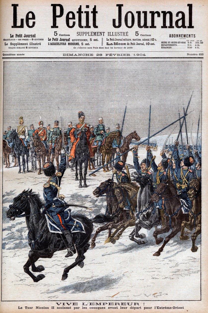 Guerra Russo-Japonesa 1904-1905 - Cossacos aclamando o czar Nicolau II antes de partirem para o Extremo Oriente para combater os japoneses no "Le Petit Journal", 28 de Fevereiro de 1904 (gravura) de French School