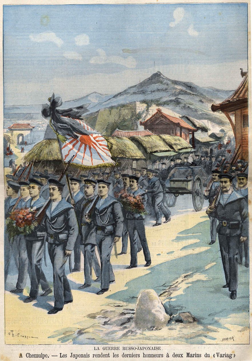 Guerra Russo-Japonesa Em Chemulpo, os japoneses dão as últimas honras a dois marinheiros do Virag. Le Petit Parisien l de 3 de Abril de French School