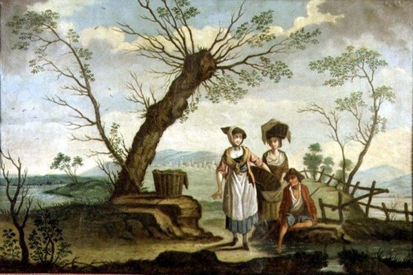 Paisagem rústica com lavadeiras e uma camponesa de French School