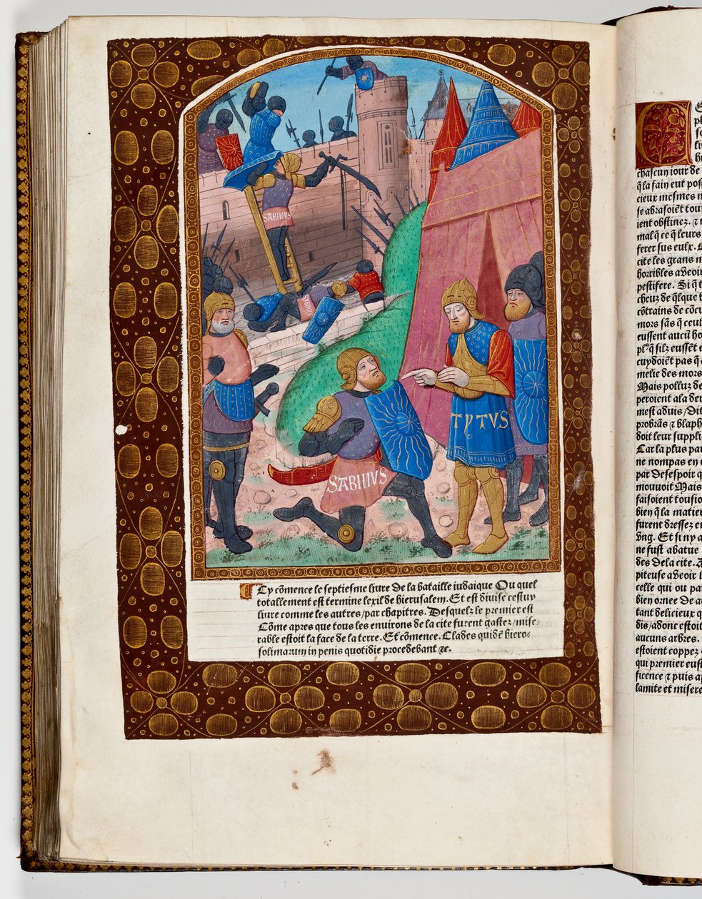 Sabinus, um auxiliar sírio, oferece-se para escalar o muro de Jerusalém e é apresentado a Titus, 70 d.C. (impressão colorida à mão) de French School