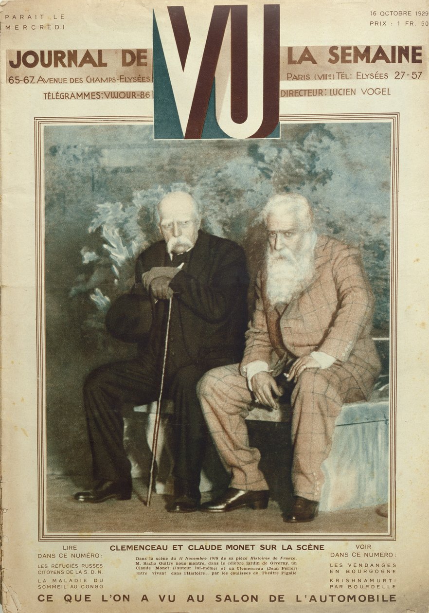Sacha Guitry (1885-1957) atuando como Claude Monet (1840-1926) e Jean Perier como Georges Clemenceau (1841-1929) em uma cena de Histoires de France, da revista Vu, 16 de outubro de 1919 de French School