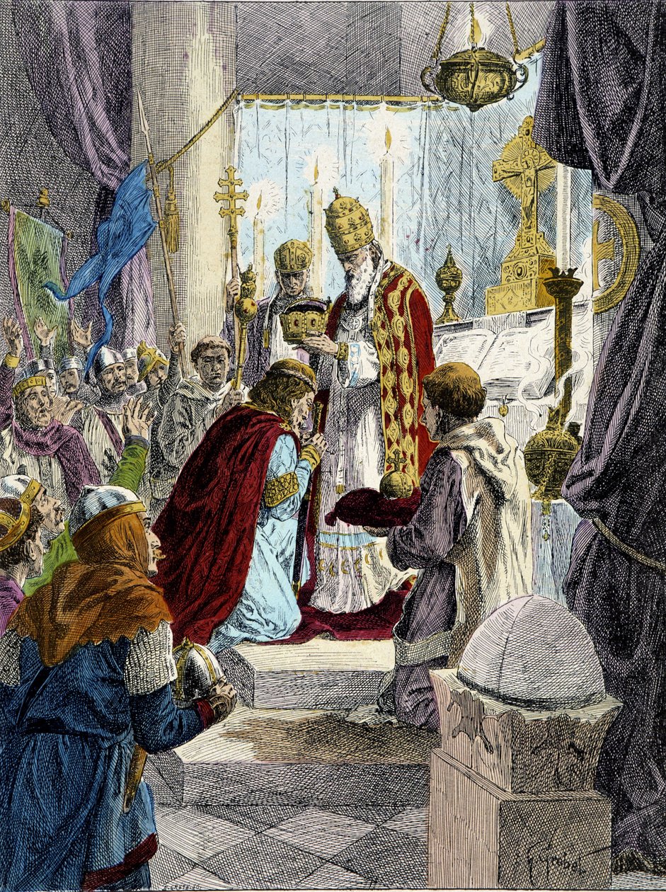 Sagrado (Coroação) de Carlos Magno (742 - 814) em 800 pelo Papa Leão III. de French School
