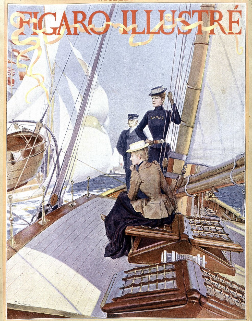 Vela: mulheres no convés de um barco - desenho em "Figaro ilustrado" de 1891, Arts Deco. de French School