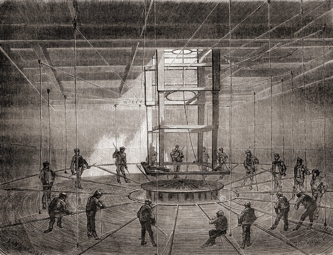 Marinheiros e trabalhadores enrolando o cabo telegráfico transatlântico nos tanques de porão do S.S. Great Eastern de French School