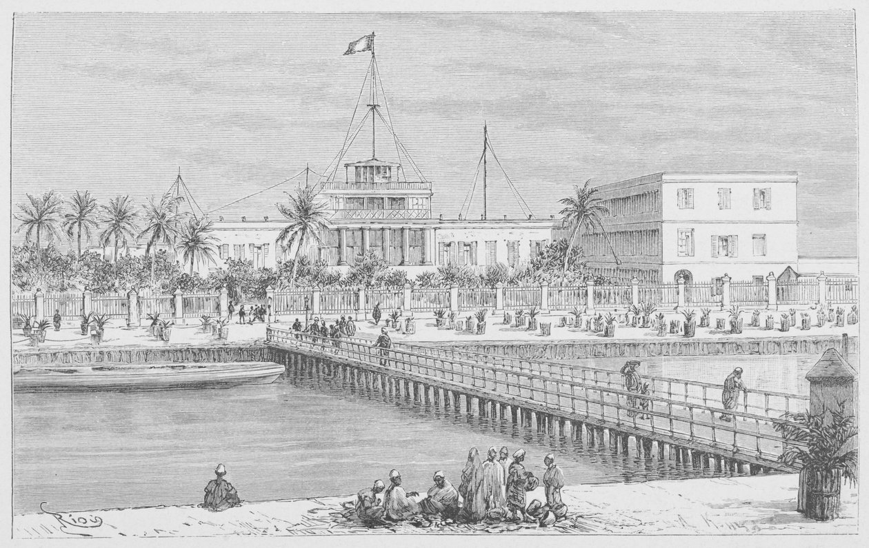Saint-Louis, vista de N "Dar, Pont de Guet, ilustração de" Le Senegal ... "de Louis Leon Faidherbe, 1889 de French School