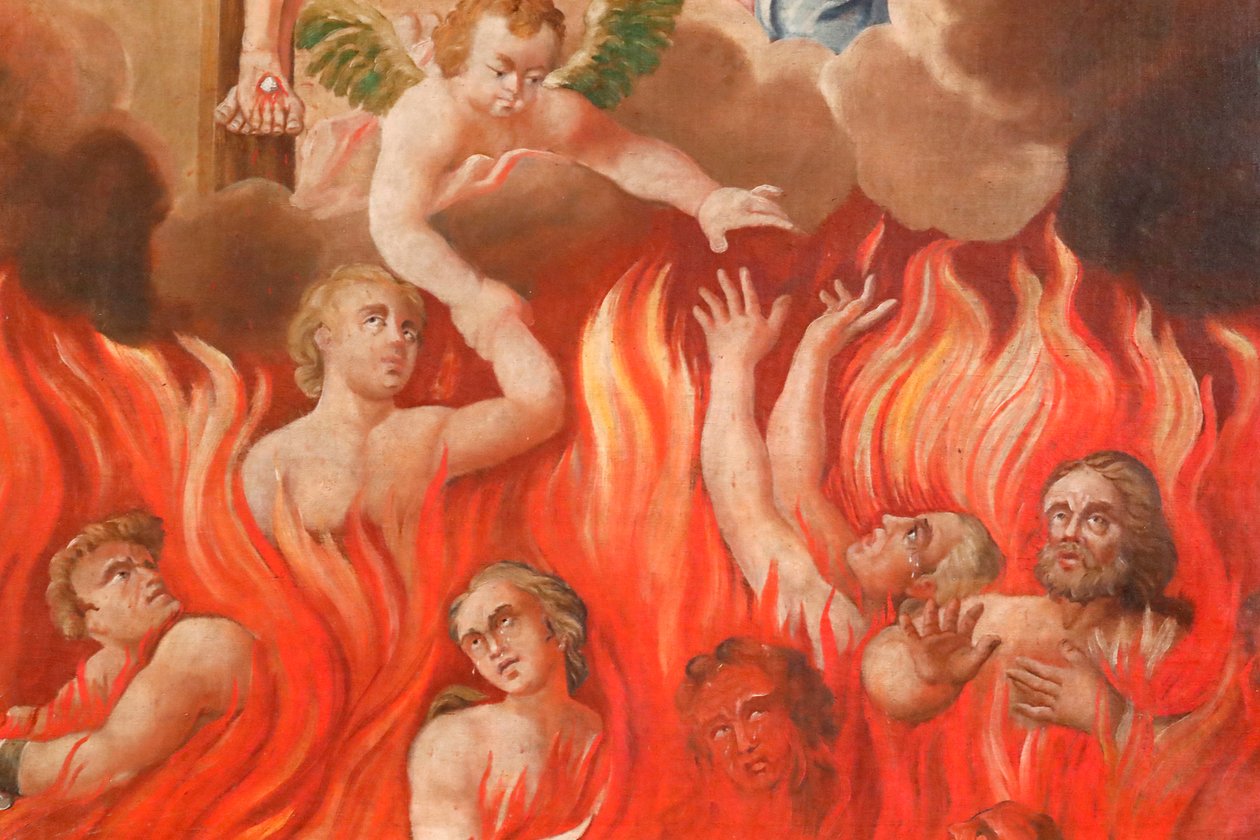 Igreja de Saint-Nicolas de Veroce. Último julgamento: o inferno. Um grupo dos Salvos. Pintura. A França. de French School