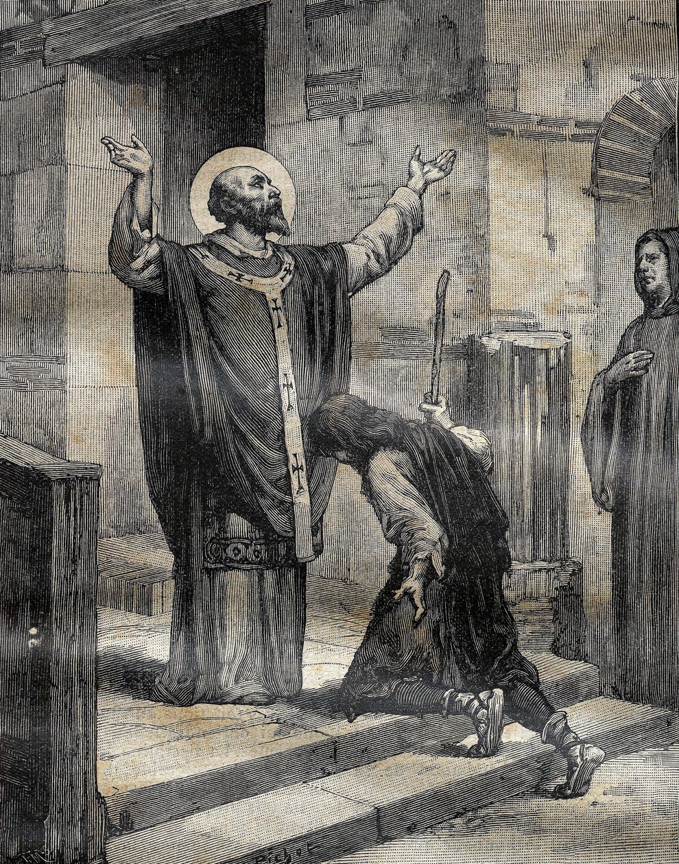 São Aubert (Saint-Aubert) eveque de Cambrai e Arras (633-667?) , acolheu seu discípulo e afilhado pródigo, Landelin (613-) filho do seigneur de Vaulx e perdoou-lhe seus três anos de erro. Gravura em "Le Pelerin" 16/12/1899. de French School